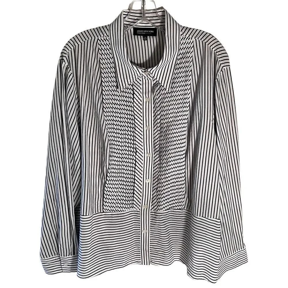 Jones New York Signature Womens Vtg Pinstripe Blouse w Pleats Black/White Sz 3XL